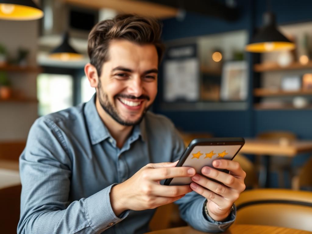 Zufriedener Kunde gibt am Smartphone eine Fünf-Sterne-Bewertung ab